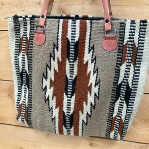 Wool Blend Woven Aztec Tote Bag with Leather Staps Country Cowboy Western